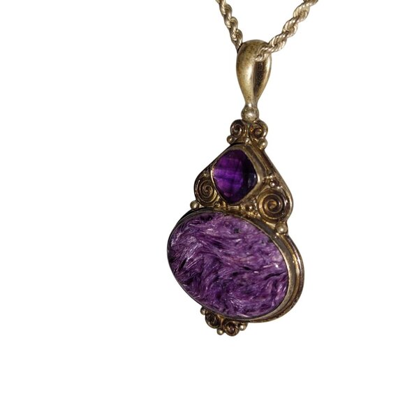 Natural Charoite Purple Amethyst Pendant Channel Set Sterling Silver Signed - Picture 3 of 11